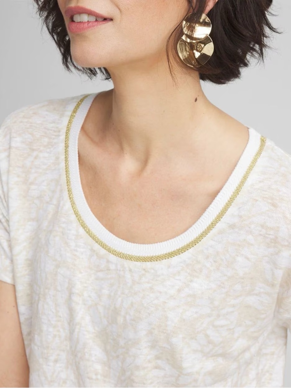 CHICO’S NWT 1 Printed Sweater Trim Linen Tee in River Rock • Neutral Top M